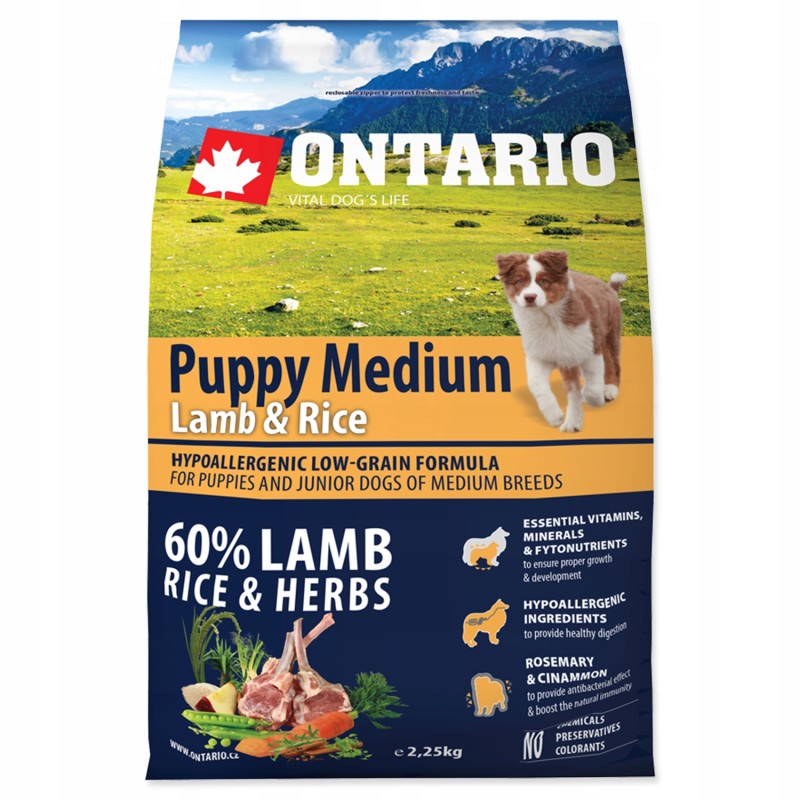 Ontario Puppy Medium Lamb & Rice karma sucha dla szczeniąt rasy 2,25kg