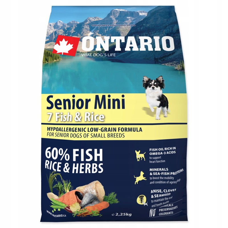 Ontario Mini Senior 7 Fish & Rice sucha karma dla psów małe rasy 2,25kg