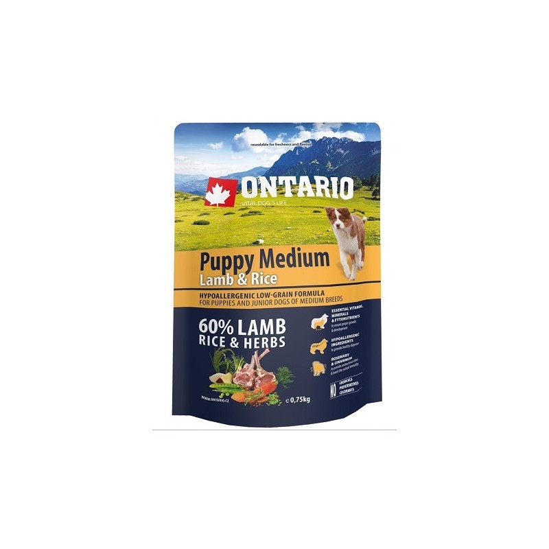 Ontario Puppy Medium karma sucha dla szczeniaków z jagnięciną 750g