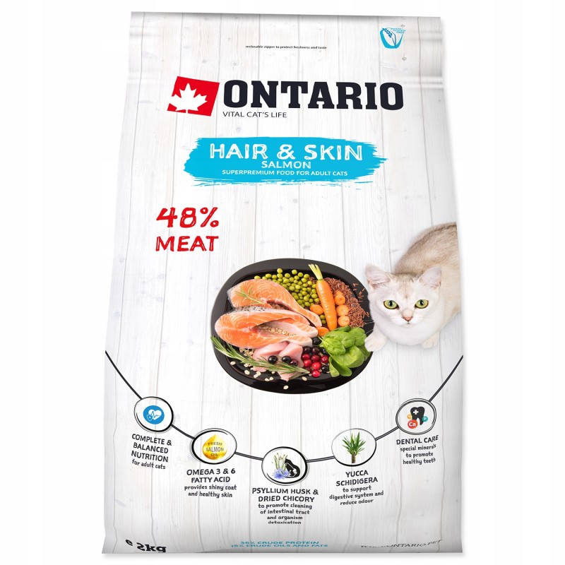 ONTARIO Cat Hair&Skin sucha karma dla dorosłych kotów łosoś 2kg