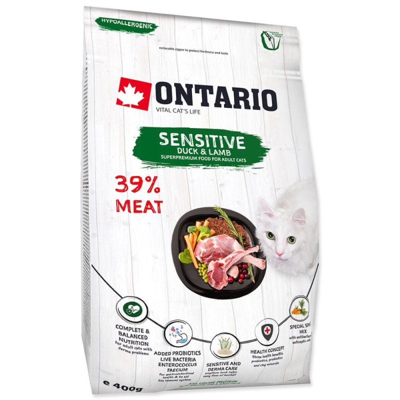 ONTARIO SENSITIVE DUCK SUCHA KARMA DLA KOTÓW Z WRAŻLIWĄ SKÓRĄ KACZKA 400g