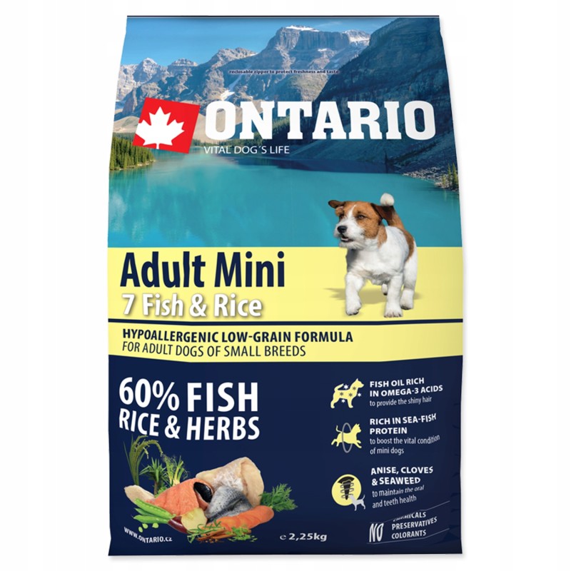 Ontario Mini Adult 7 Fish & Rice sucha karma dla małych psów 2,25kg