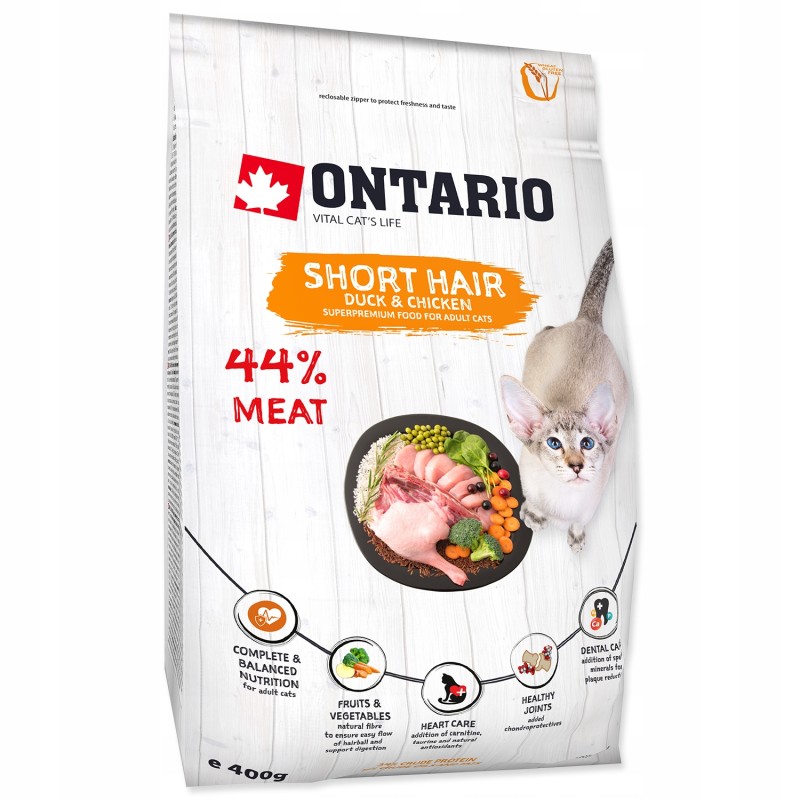 ONTARIO SHORT HAIR KARMA SUCHA DLA KOTÓW KRÓTKOWŁOSYCH KACZKA KURCZAK 400g