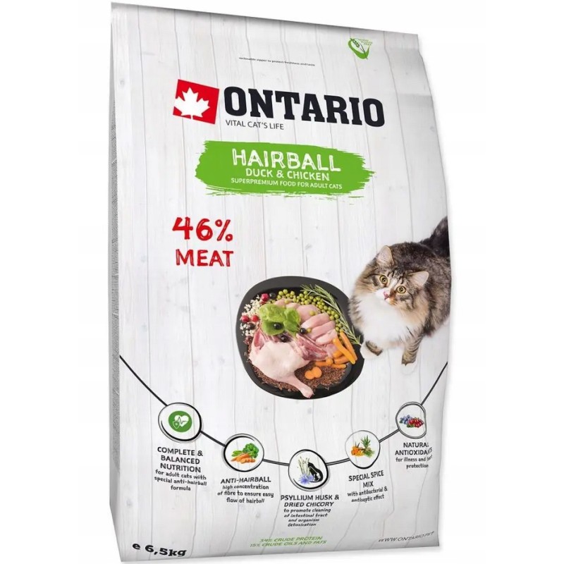 ONTARIO Cat Hairball 6,5kg odkłaczająca sucha karma dla kotów